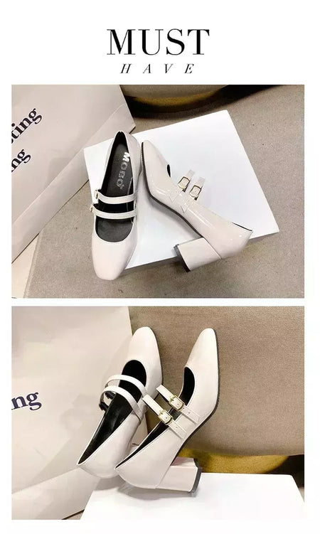 Sapatos Mary Janes de fivela dupla feminina, couro envernizado, cabeça quadrada, salto quadrado, cor sólida, primavera, outono, 2022