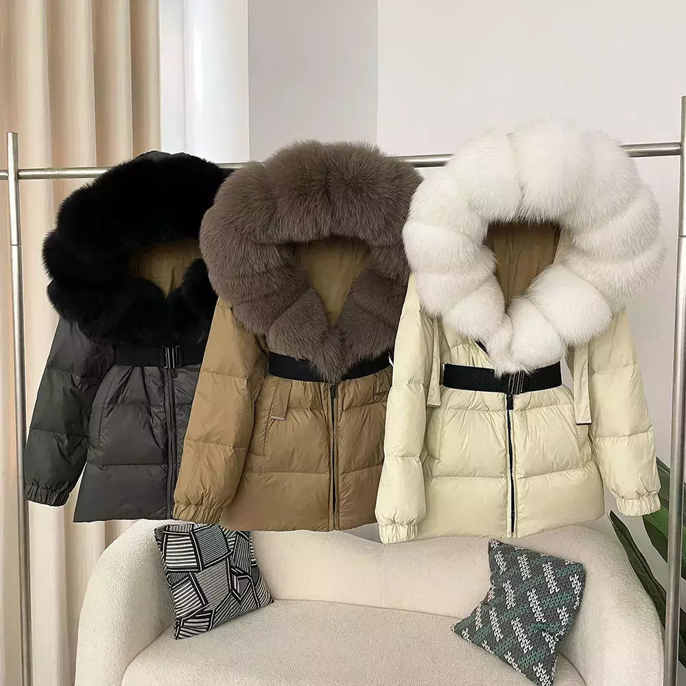 Oftbuy 2024 jaqueta de inverno feminina gola de pele de raposa natural real com capuz grosso quente 90% pato branco para baixo casaco feminino streetwear casual