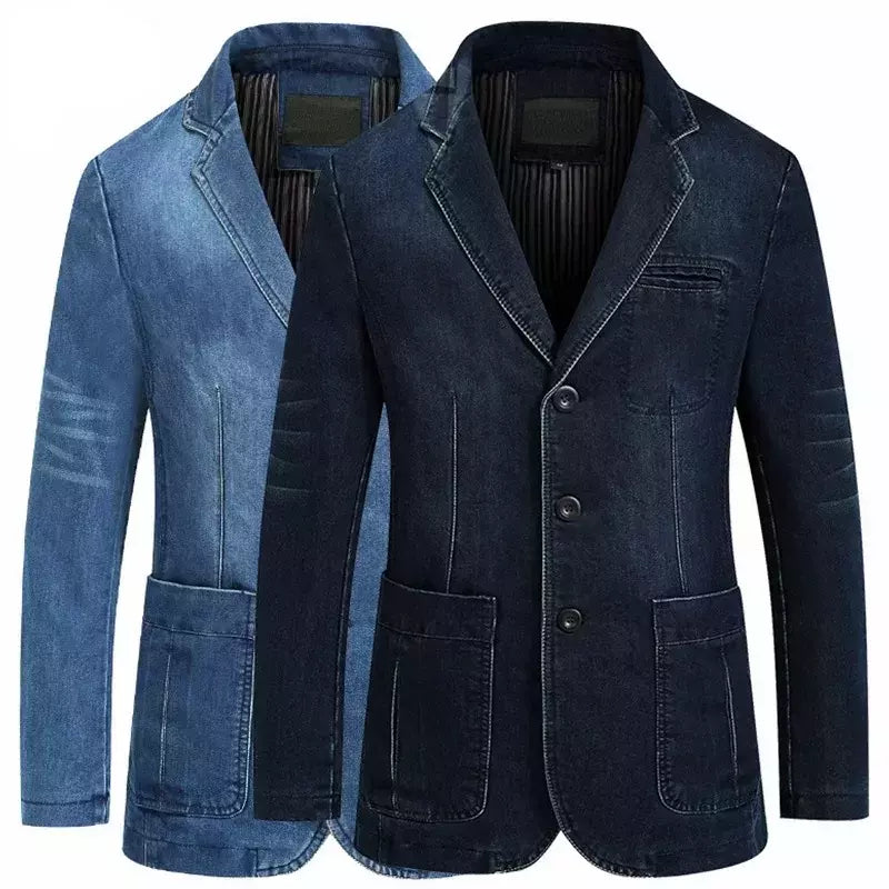 Blazers jaqueta masculina casual denim fino bolso splicing casaco masculino manga comprida único breasted turn-down collar blazers jaqueta