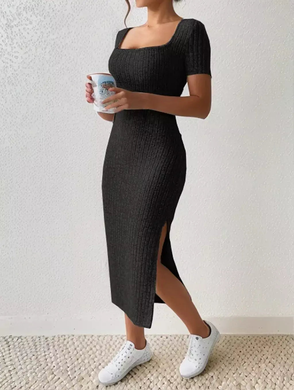 Vestidos de verão para mulheres, decote quadrado, cobertura de quadril, saia de comprimento médio, manga curta, versátil, vestido de fenda de malha