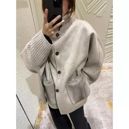 Gola de pele emendada longa pele de lã casaco feminino moda casual manga comprida lapela solta quente curto jaqueta senhora diariamente streetwear