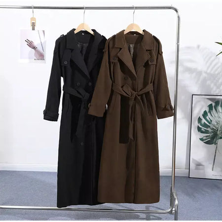 Trench coat maxi oversized feminino com lapela entalhada com cinto duplo breasted vintage streetwear 2025 tendência casual casacos diários