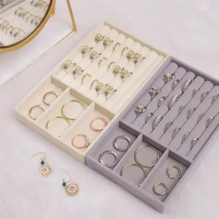 Atualizar caixa de armazenamento de jóias de veludo colar empilhável bandeja de exibição pulseira brinco organizadores diy artesanato gaveta caixa cinza