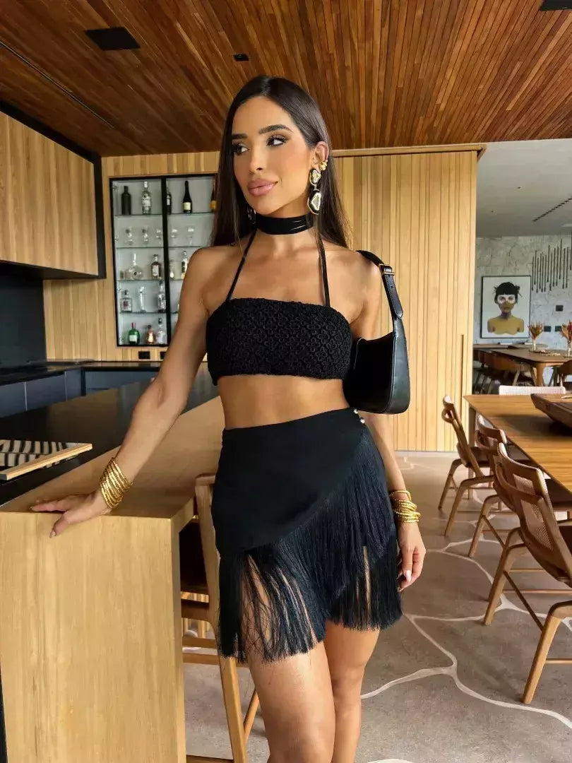 Conjunto sexy de biquíni feminino, sutiã de renda, mini saia, férias de praia, fato de banho feminino casual, 2 peças, verão