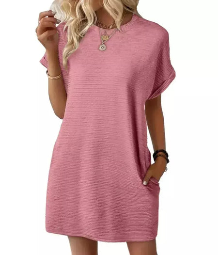 2026 robe femmes soiree manga curta em torno do pescoço mini vestido de cor sólida das mulheres bolso novo solto escritório deslocamento versátil vestido