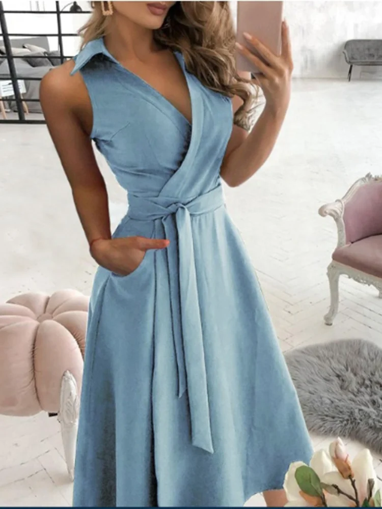 Vestido feminino com decote em V, manga curta, cor sólida, bolso, elegante, escritório, moda, estilo de viagem, vestido de verão