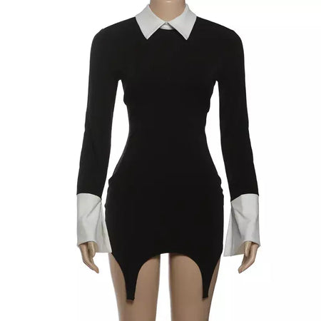 Retro vestido fino outono inverno moda cor bloqueando sexy elegante vestidos de noite manga longa lapela cintura alta roupas femininas