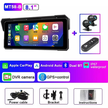 Jmcq portátil 8.1 polegada ip67 à prova dip67 água motocicleta 4k dvr navegação gps sem fio carplay android auto moto gravador monitor