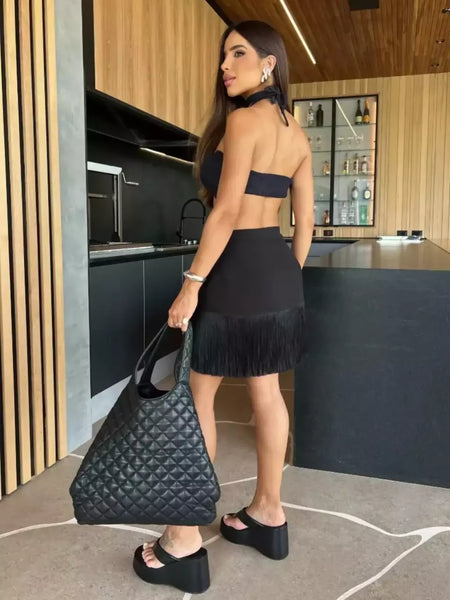 Conjunto sexy de biquíni feminino, sutiã de renda, mini saia, férias de praia, fato de banho feminino casual, 2 peças, verão