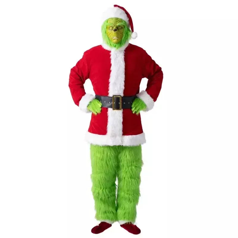 Conjunto de fantasia de papai noel, festa de natal, baile, adulto, dramatização, roupa verde, monstro desgrenhado, dia das bruxas, cosplay, luvas, máscara