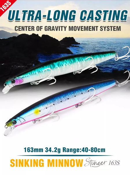 TSURIKNOYA-STINGER 163S-Ultra Long Casting Saltwater Sinking Minnow, Iscas de Pesca, Iscas Artificiais Duras para Robalo, 163mm, 34.2g