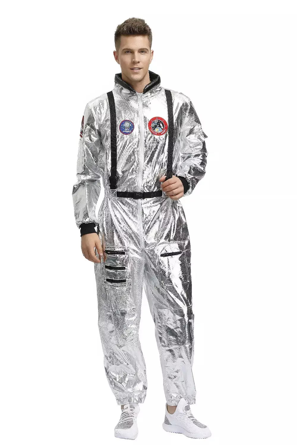 Adulto prata astronauta traje das mulheres dos homens spaceman terno espaço macacão halloween cosplay festa vestir-se