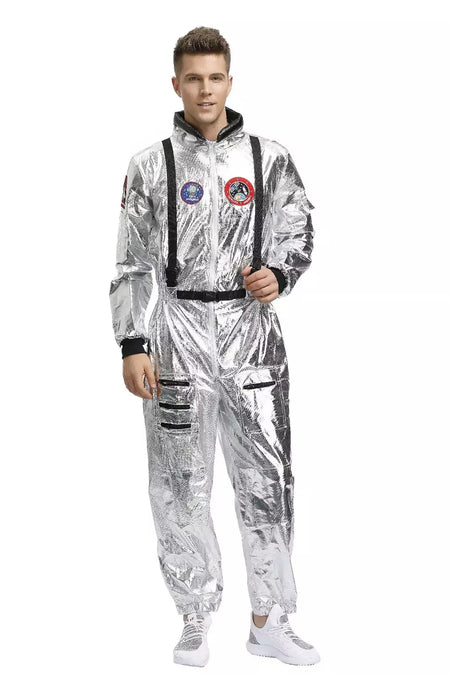 Adulto prata astronauta traje das mulheres dos homens spaceman terno espaço macacão halloween cosplay festa vestir-se