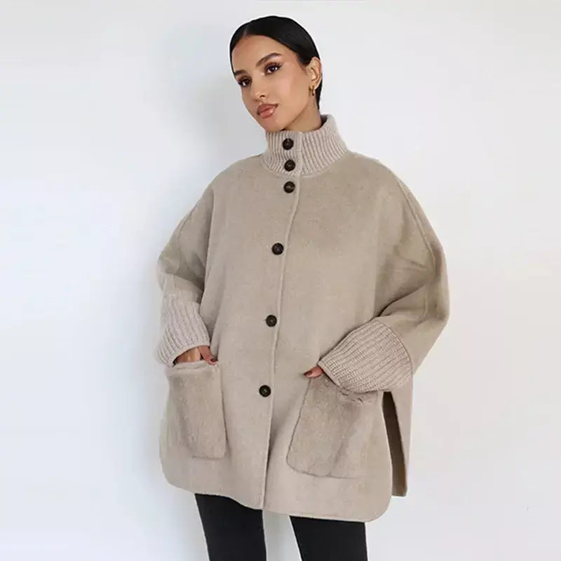 Gola de pele emendada longa pele de lã casaco feminino moda casual manga comprida lapela solta quente curto jaqueta senhora diariamente streetwear
