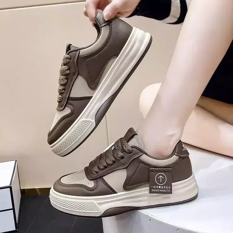 Tênis de fundo grosso feminino, tênis de tabuleiro, calçados esportivos, casual, combinando cores, cáqui, preto, branco, nova moda