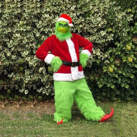 Conjunto de fantasia de papai noel, festa de natal, baile, adulto, dramatização, roupa verde, monstro desgrenhado, dia das bruxas, cosplay, luvas, máscara