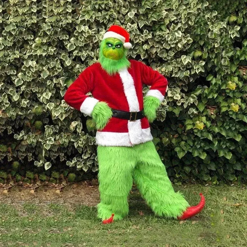 Conjunto de fantasia de papai noel, festa de natal, baile, adulto, dramatização, roupa verde, monstro desgrenhado, dia das bruxas, cosplay, luvas, máscara