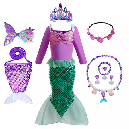 Meninas escala roxa princesa sereia ariel cosplay vestido de halloween vestido de festa de aniversário meninas verão praia vestido de férias