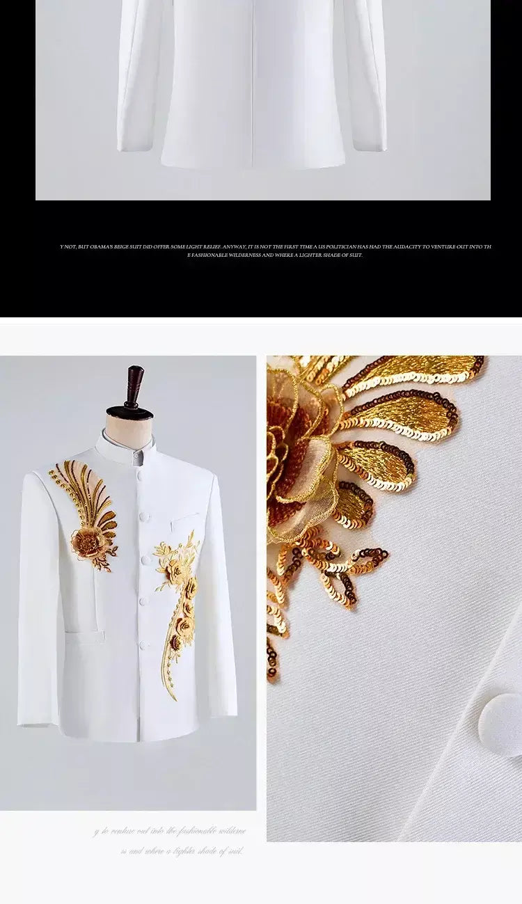 (Jaqueta + calça) moda masculina palco desempenho vestido ternos 2025 novo masculino estilo chinês levante-se colarinho decalque blazer e calças