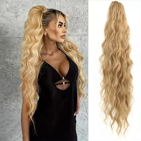 Aoosoo sintético água rabo de cavalo extensão do cabelo clipe no rabo de cavalo da mulher acessórios para o cabelo longo encaracolado peruca natural encaracolado preto