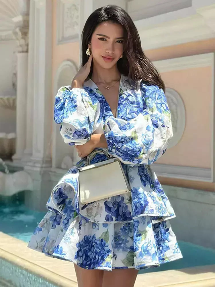 Elegante Flor Estampada Babados Mini Vestido, Em Camadas, Decote V, Sopro de Manga Comprida, Vestidos Linha A, Vestido de Festa, Moda Chique, Senhora