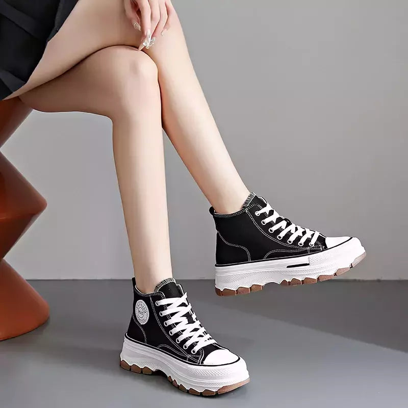 Tênis casual de cano alto para mulheres, com cordões, lona de altura da plataforma, antiderrapante, resistente ao desgaste, sapatos femininos vulcanizados, primavera, 2024