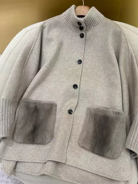 Gola de pele emendada longa pele de lã casaco feminino moda casual manga comprida lapela solta quente curto jaqueta senhora diariamente streetwear