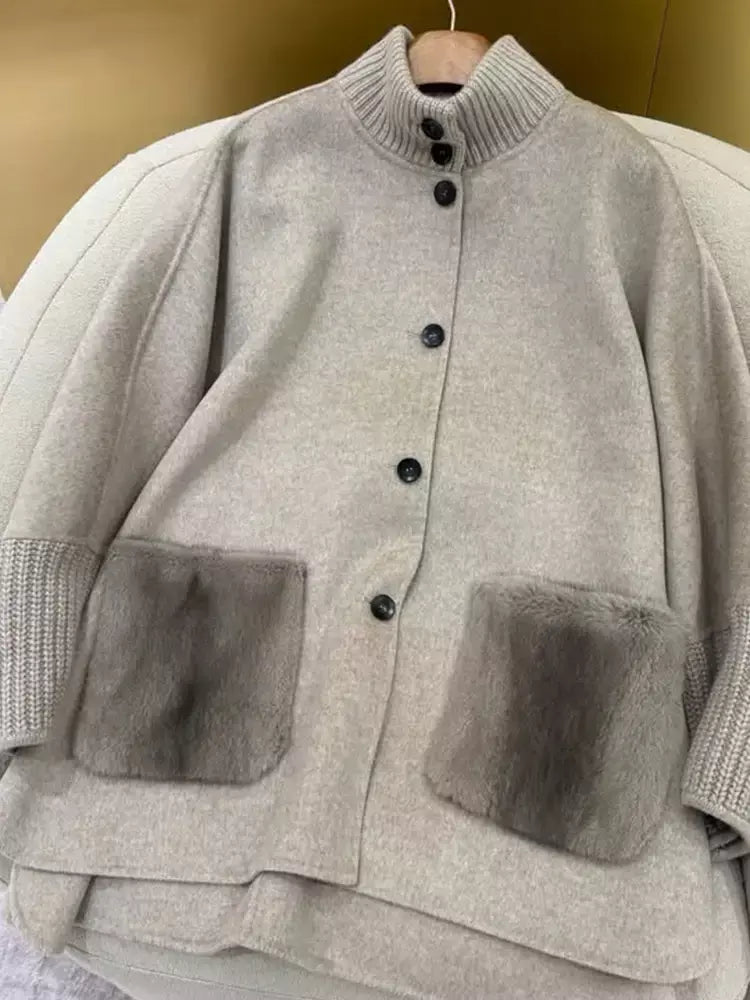 Gola de pele emendada longa pele de lã casaco feminino moda casual manga comprida lapela solta quente curto jaqueta senhora diariamente streetwear