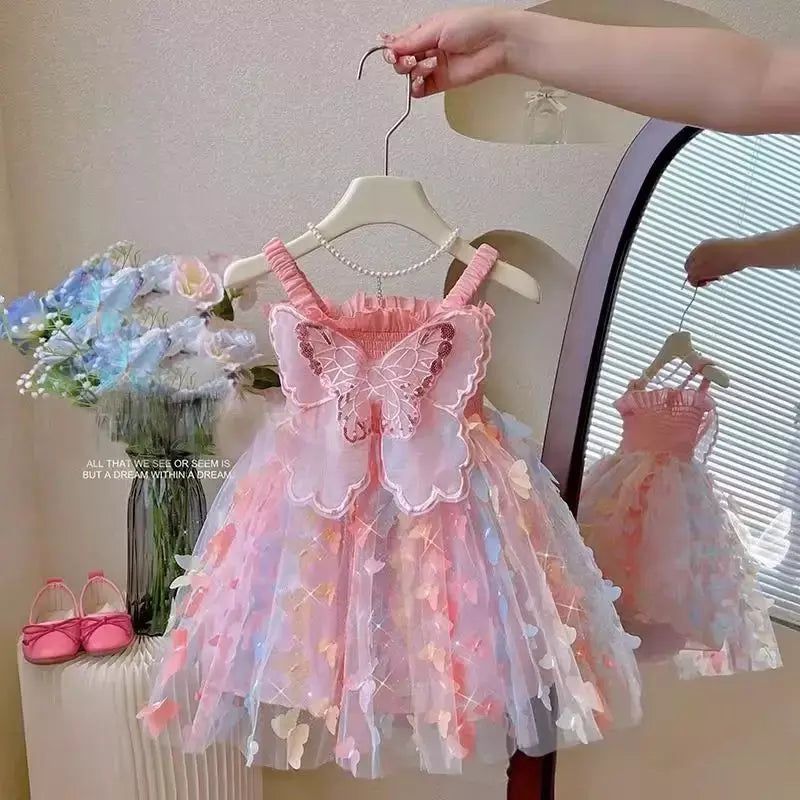 Novo bebê meninas festa de aniversário vestidos de noite verão asas borboleta crianças roupas doce colorido criança crianças traje