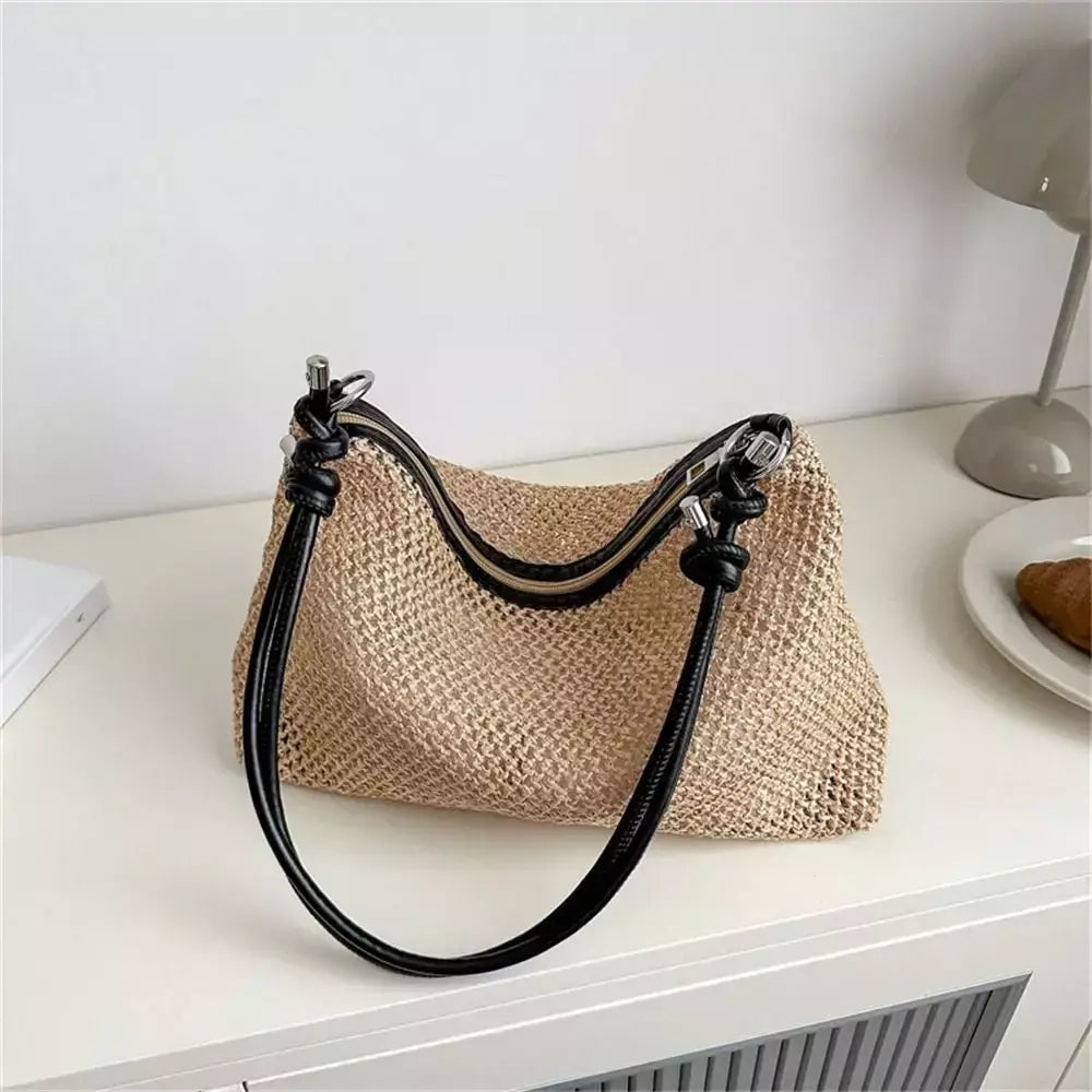 Saco de palha tecido Rattan para senhoras, sacola de grande capacidade, bolsa trançada artesanal, bolsa de ombro, moda