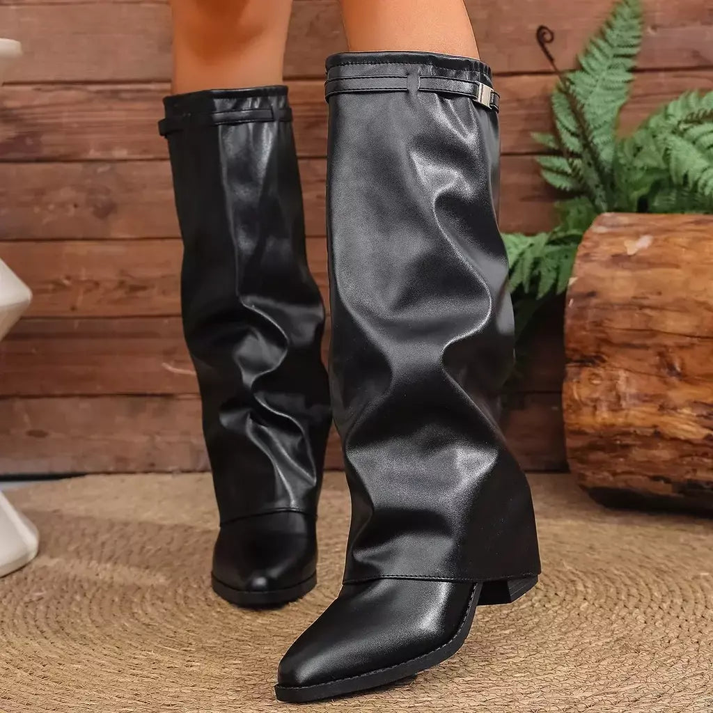 Moda plissada bota de salto alto outono novo tamanho grande estilo britânico calças de tubo alto bota feminina transfronteiriça lindamente