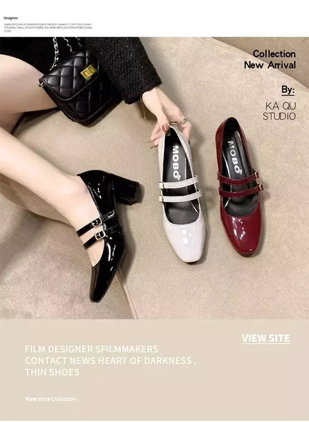 Sapatos Mary Janes de fivela dupla feminina, couro envernizado, cabeça quadrada, salto quadrado, cor sólida, primavera, outono, 2022