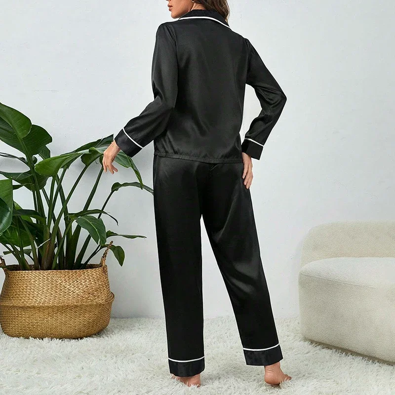 Pijama de seda gelo de mangas compridas feminino, tamanhos grandes, monocromático, casual, solto, preto, botões macios, cardigã, roupa de casa, pijamas, outono, inverno