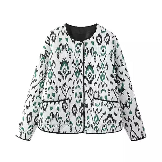 Casaco de algodão estampado de peito único feminino, bolsos elegantes, jaqueta de mangas compridas, streetwear com gola O, moda senhora, outono, inverno, 2024