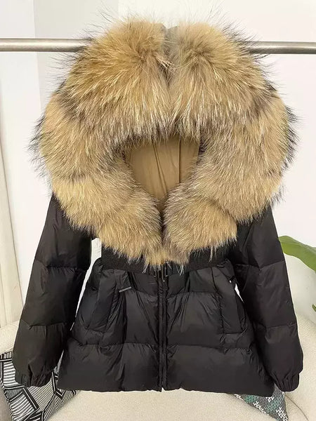Oftbuy 2024 jaqueta de inverno feminina gola de pele de raposa natural real com capuz grosso quente 90% pato branco para baixo casaco feminino streetwear casual