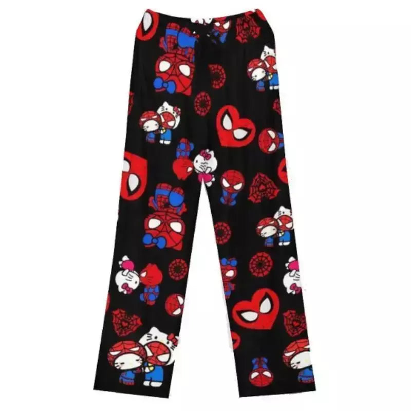 Olá kitty homem-aranha algodão solto senhoras calças de pijama calças de pijama feminino masculino dos desenhos animados sleep bottoms lounge wear menina sono