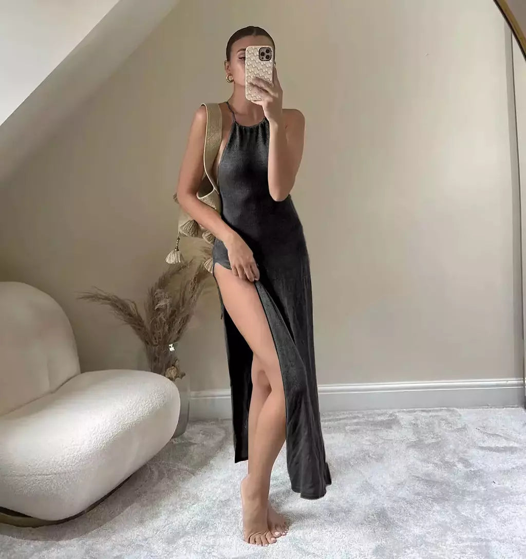 Tecido ver através do vestido maxi, Elegante Halter Beachdress, Sexy Slit Bodycon, Vestido de verão, Beachdress, Ver através, 2022