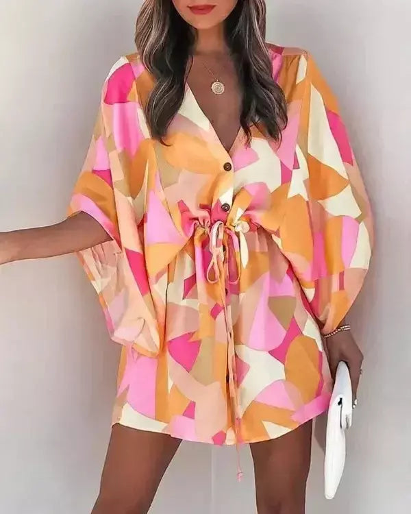 Mini vestido solto com cordão feminino, manga de batwing, botão sexy, gola V, cobertura de festa, estampa moda praia, verão