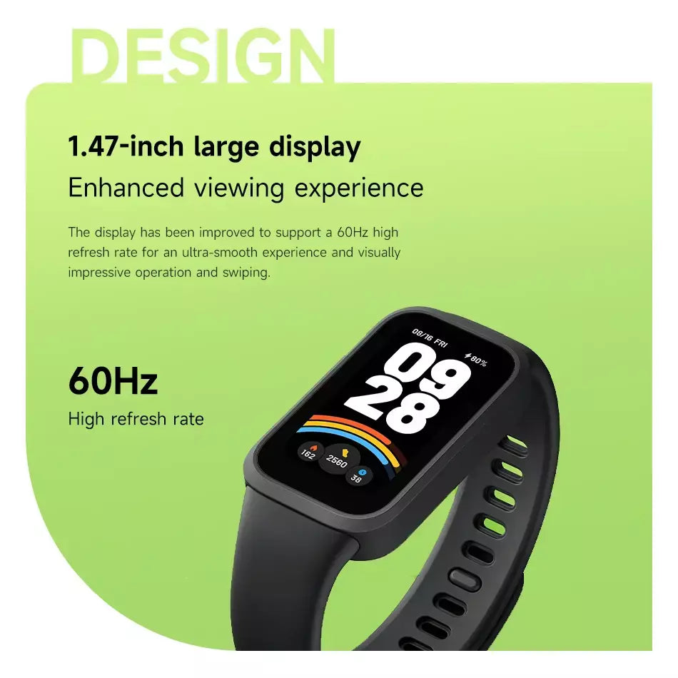 Versão global xiaomi mi band 9 ativo 8 dias de vida útil da bateria pulseira 1.47 ''tela 60hz 50 modos esportivos mi fitness banda inteligente