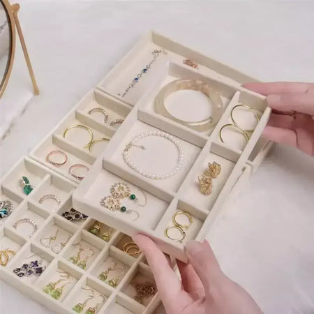 Atualizar caixa de armazenamento de jóias de veludo colar empilhável bandeja de exibição pulseira brinco organizadores diy artesanato gaveta caixa cinza