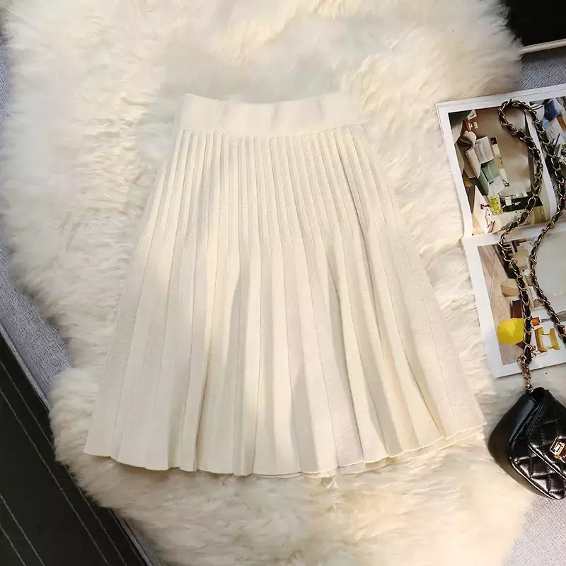Míni saia plissada de malha feminina, cintura alta elástica, saia guarda-chuva linha A, casual sexy, curta, outono, inverno