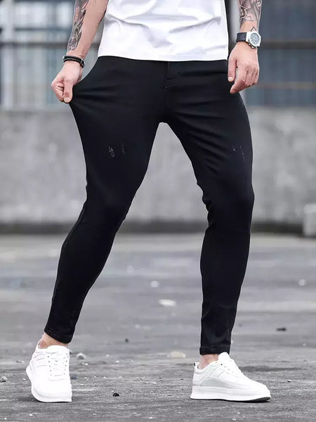 Moda masculina rua rasgado jeans preto puro estiramento apertado pequeno pé lápis calças namorado clube roupas denim ropa hombre