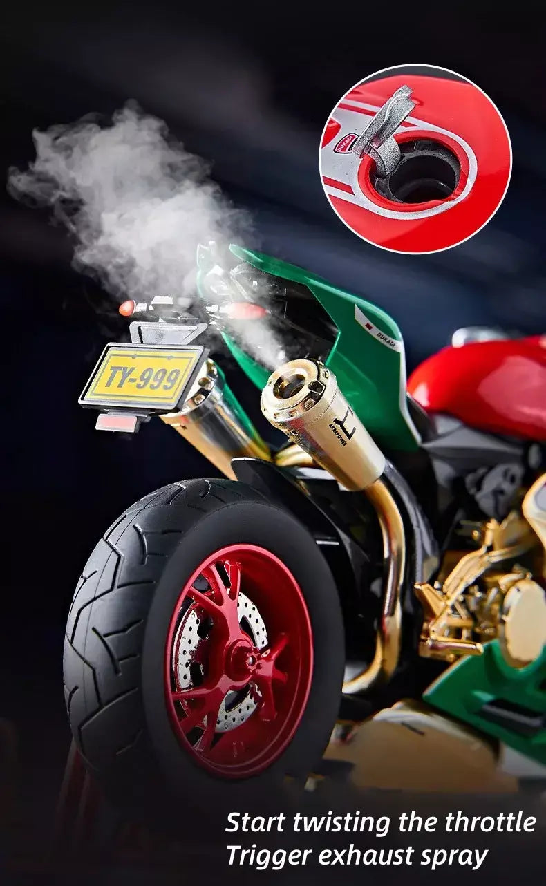 Chave começo 1:9 1199 panigale liga esportes modelo de motocicleta diecast pista corrida modelo de motocicleta com spray som luz crianças brinquedos