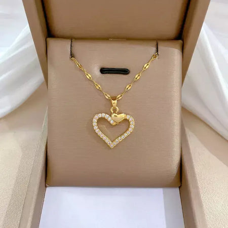 Colares Coração de Zircônia em Aço Inoxidável Mulheres Colar Metal Cor Dourada Festa de Aniversário Joias Diárias para meninas, Trendy and Love