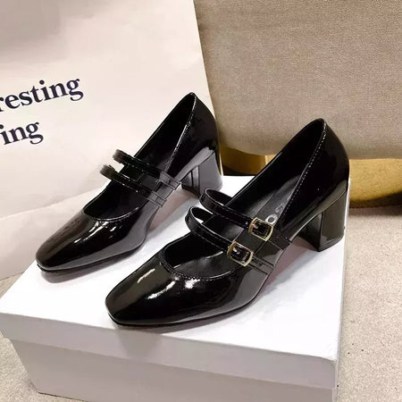 Sapatos Mary Janes de fivela dupla feminina, couro envernizado, cabeça quadrada, salto quadrado, cor sólida, primavera, outono, 2022