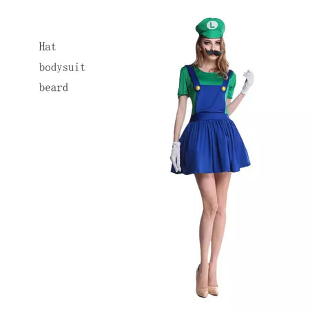 Luigi masculino disfarçado roupas de luxo para adultos super irmão roupas role-playing fantasia vestido conjunto chapéus e barba masculinos e femininos