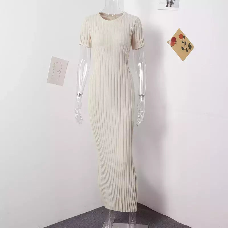 Vestido longo de malha monocromática feminino, manga curta, vestido feminino plissado, gola em O, quadril, primavera, moda verão, feminino, 2022