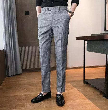 Xadrez masculino anti-rugas calças cortadas, roupas de grife casual, terno masculino reto, verão, fino, barato, designer, cheque, 9