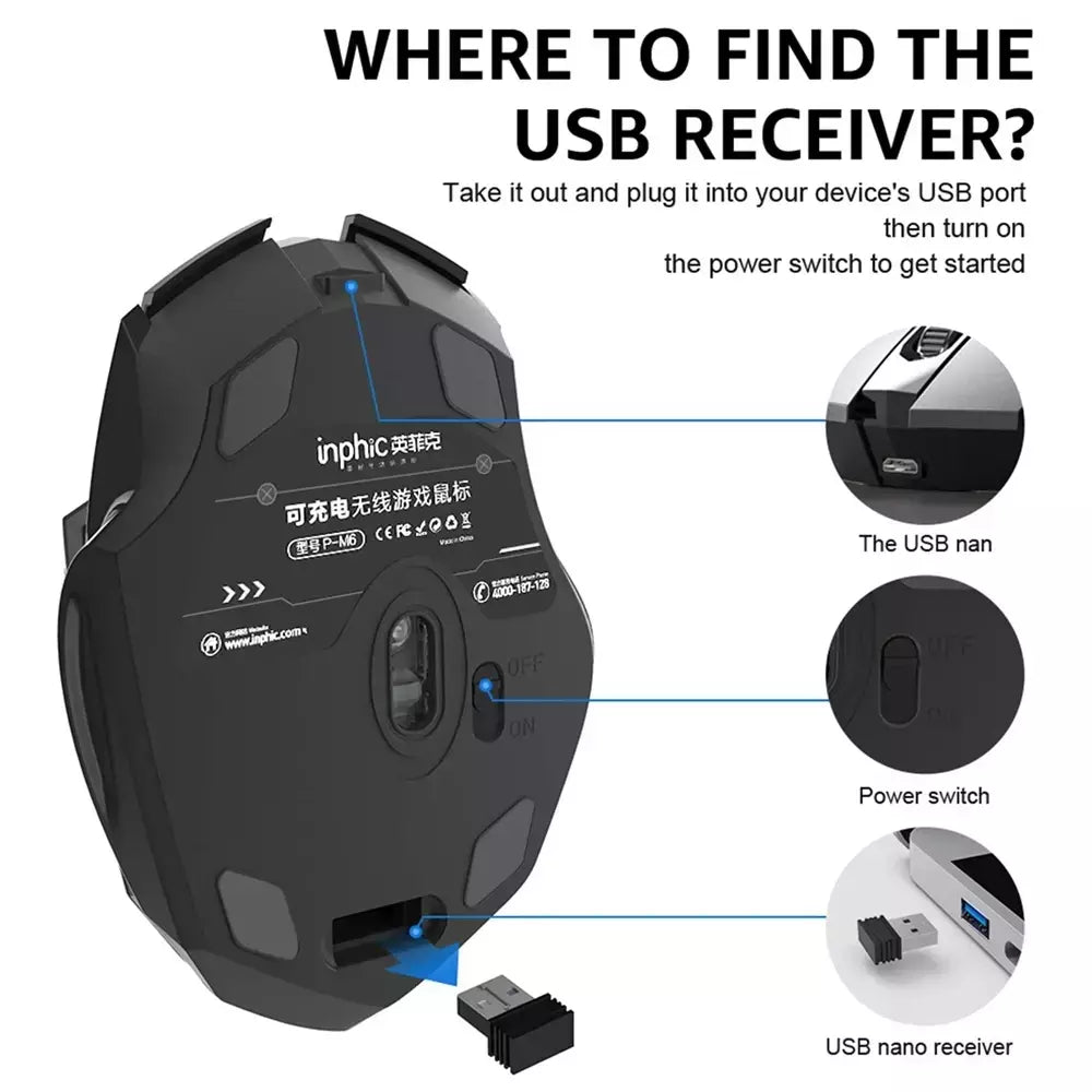 INPHIC-PM6 Mouse Recarregável Sem Fio, Compatível com Bluetooth, Office Mute, Suporte PC, Laptop, Tablet, Smartphone, Universal, 2.4G