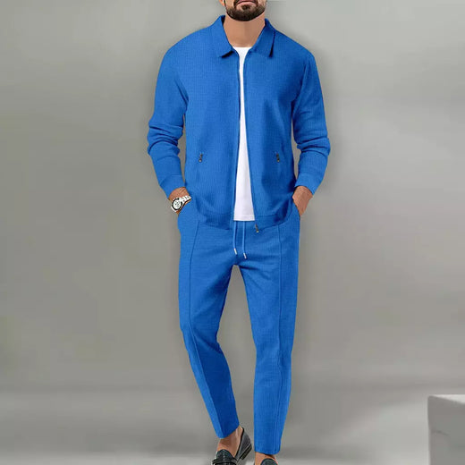 Conjunto de duas peças de waffle masculino, zíper de lapela, casaco monocromático, confortável casual, primavera e verão, best-seller